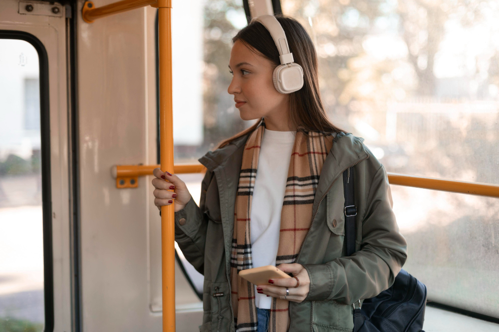 Chica yendo al trabajo en autobús con cascos de música sonriendo