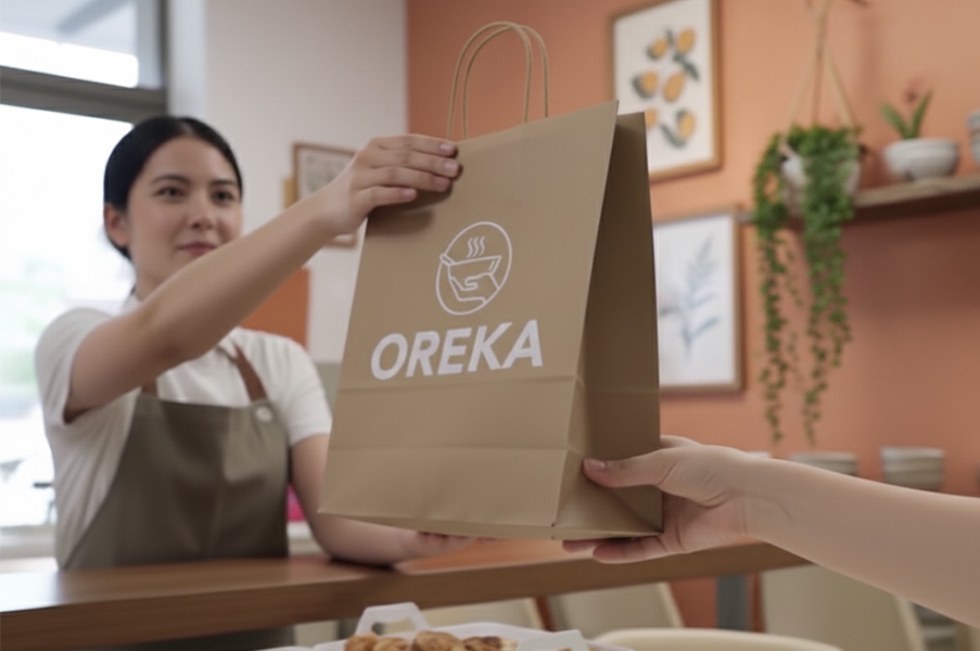 Mujer recibiendo pedido de comida a domicilio de Oreka en su hogar