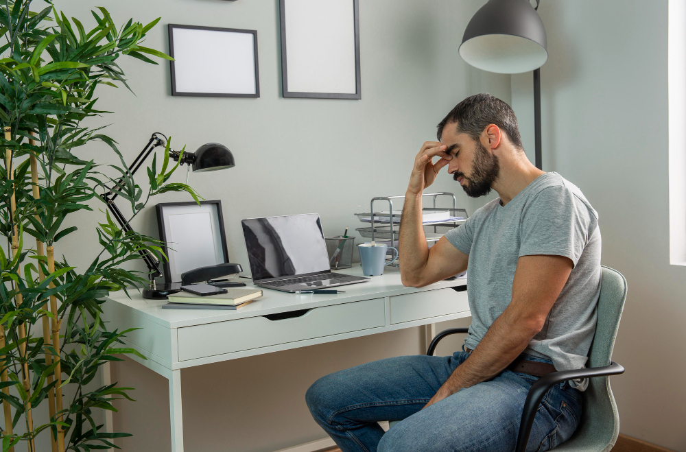 Hombre sentado frente al ordenador en un escritorio, visiblemente cansado y con la mano en la frente.